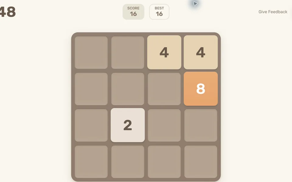2048 running on the creator’s official site, with a four-by-four board showing 2, 4 and 8 tiles after several moves.