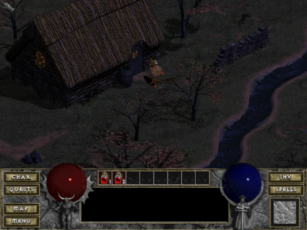 Diablo shareware running in a web browser with DiabloWeb: a new Warrior standing in the town of Tristram at night, with the health and mana orbs and belt potions in the HUD