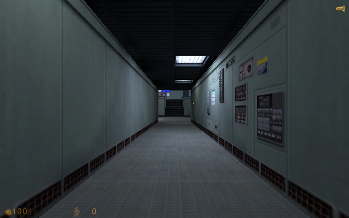 Half-Life: Uplink demo running in a web browser with WebXash: a Black Mesa corridor with lit ceiling panels and the health HUD at 100