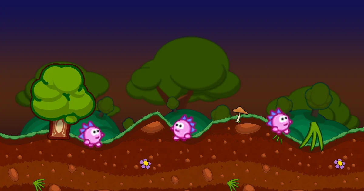 Hedgewars game art: three pink hedgehogs on hilly grass and dirt terrain in front of the Nature theme's forest background