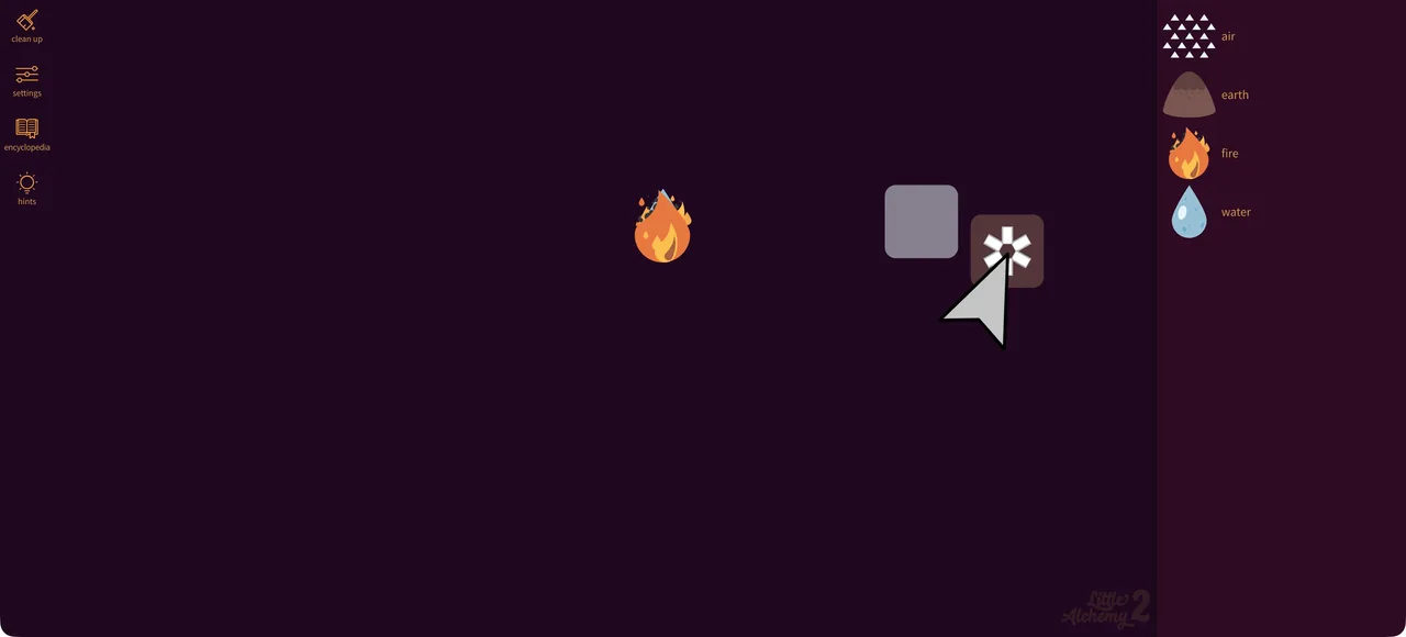Little Alchemy 2’s live workspace with its starting air, earth, fire and water materials, sidebar tools and placed elements.