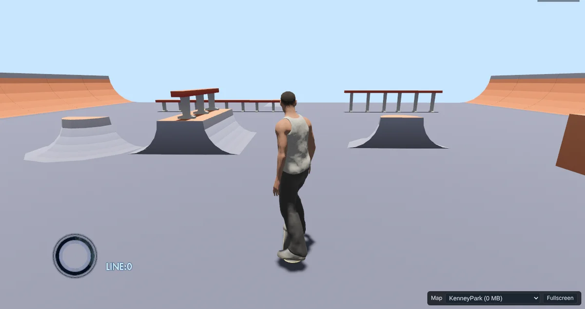 Skate 3 fan recreation running in a web browser: a skater rolling towards ramps, rails and quarter pipes on the KenneyPark map