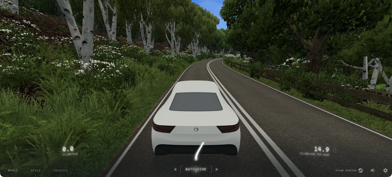 Slow Roads running in the browser, showing a white car on a winding forest road with the driving HUD visible.