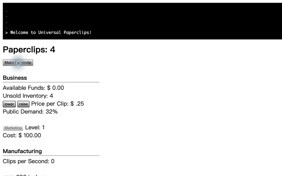 Universal Paperclips running on its original site, showing four paperclips and the Business and Manufacturing controls.